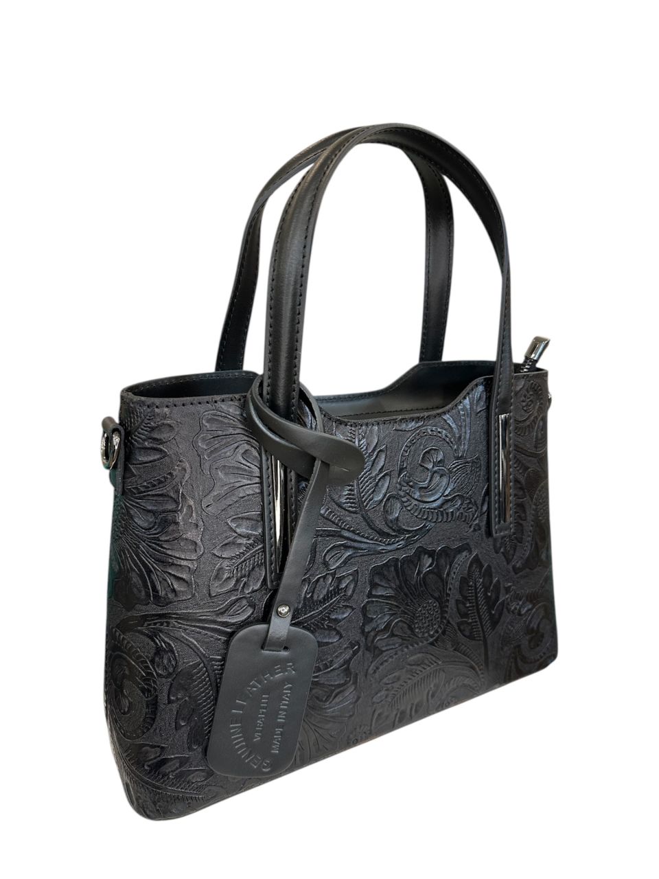 Fekete nyomott mintás női bőr kézitáska