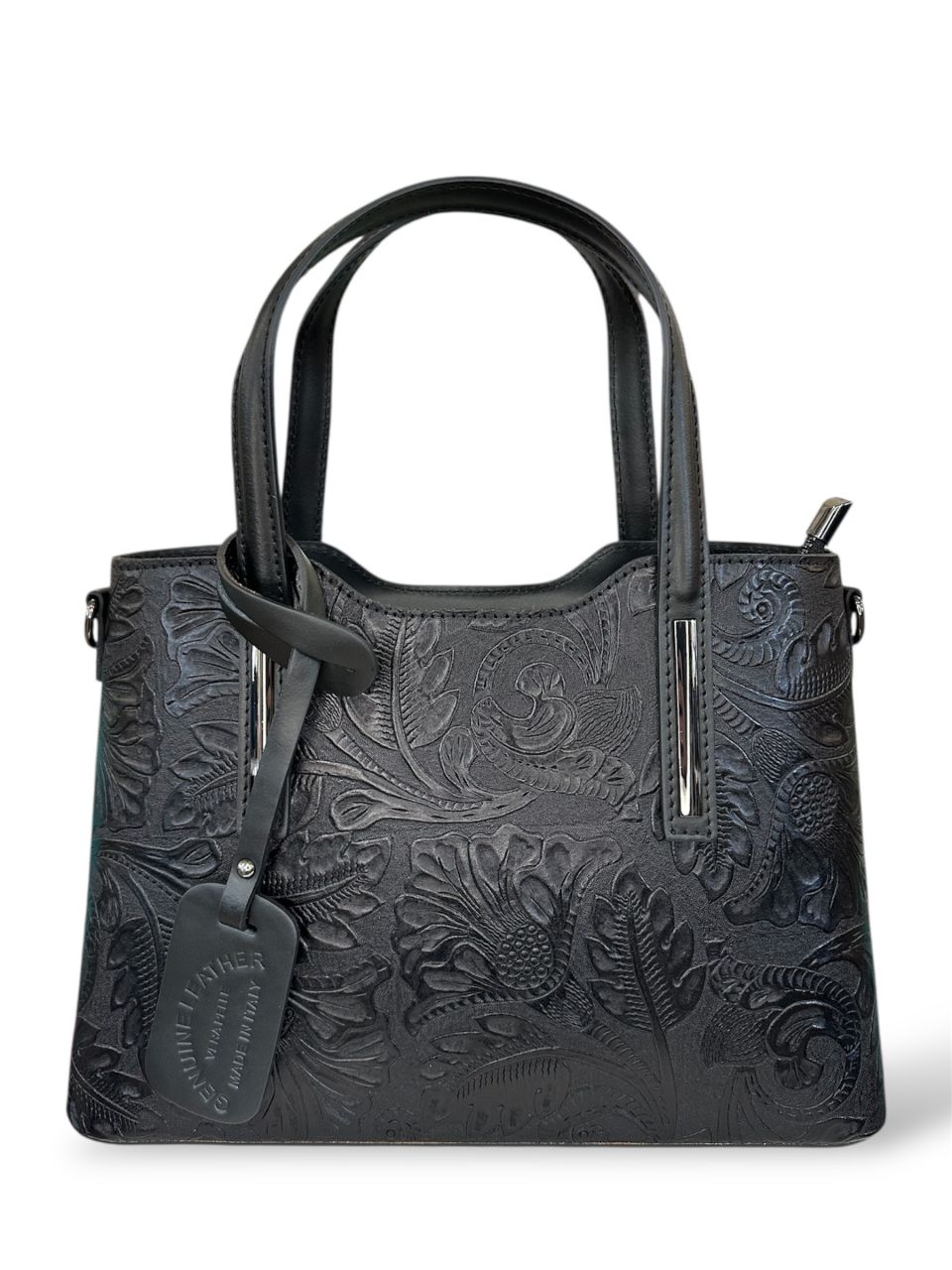 Fekete nyomott mintás női bőr kézitáska