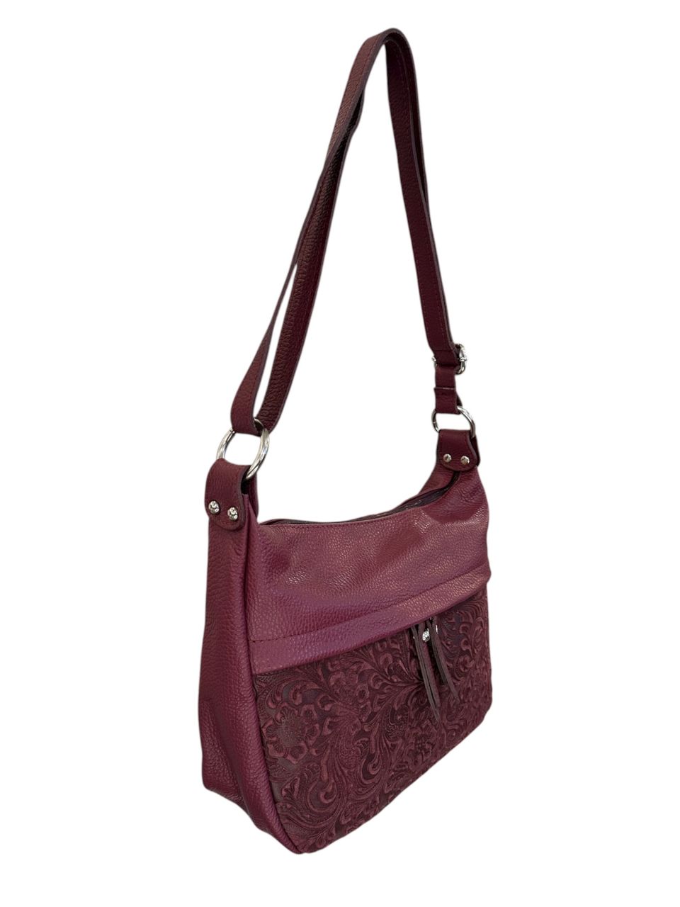 Bordó nyomott virágmintás nagy bőr oldaltáska Bordó nyomott virágmintás nagy bőr oldaltáska