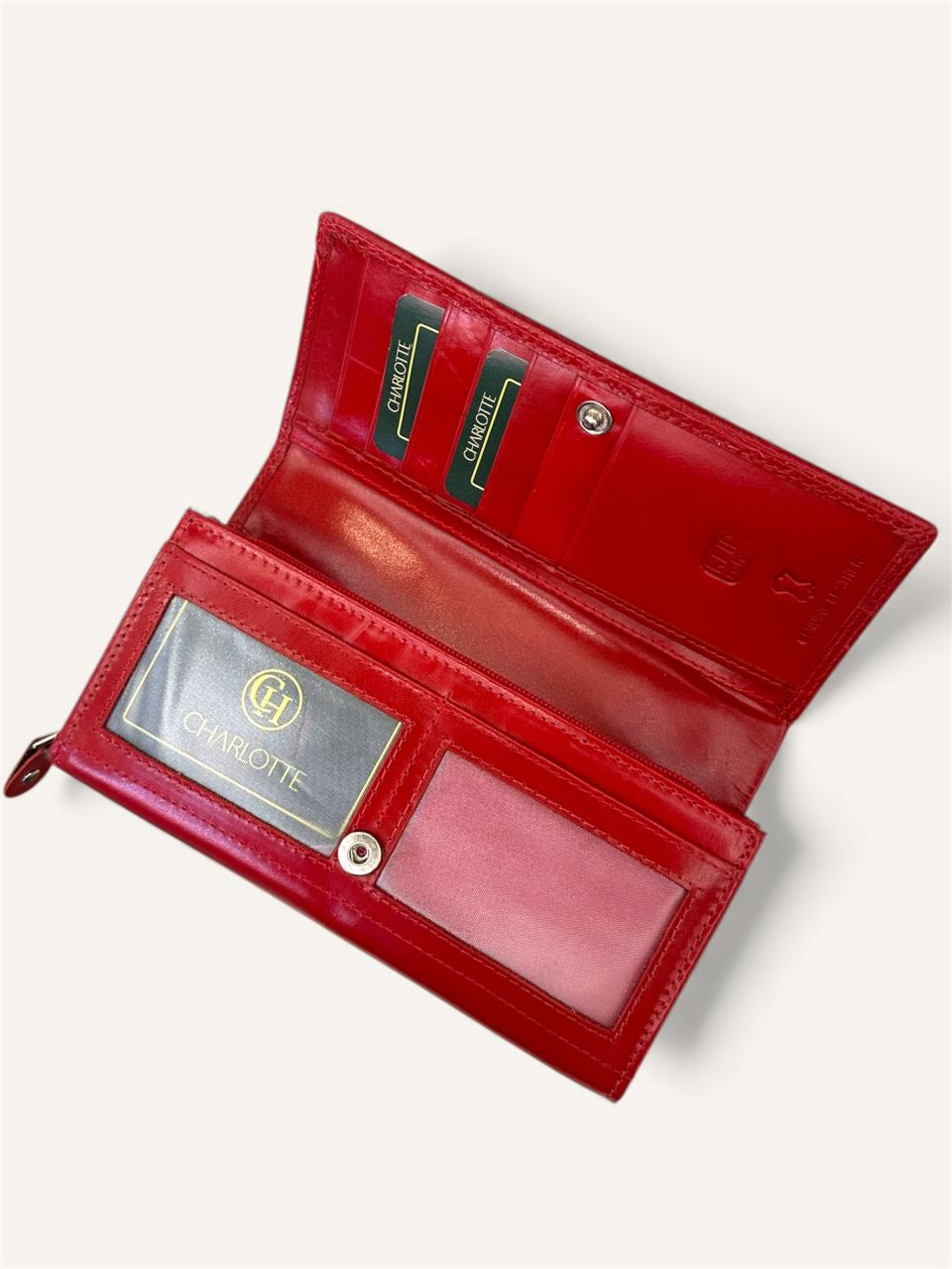 Piros nyomott virágmintás női bőr pénztárca