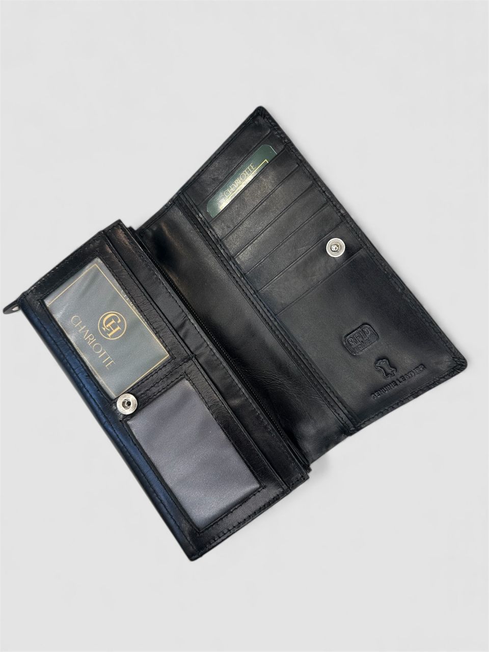 Fekete nyomott virágmintás női bőr pénztárca