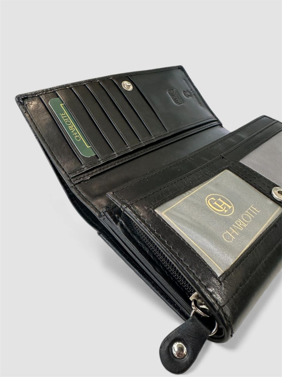 Fekete nyomott virágmintás női bőr pénztárca