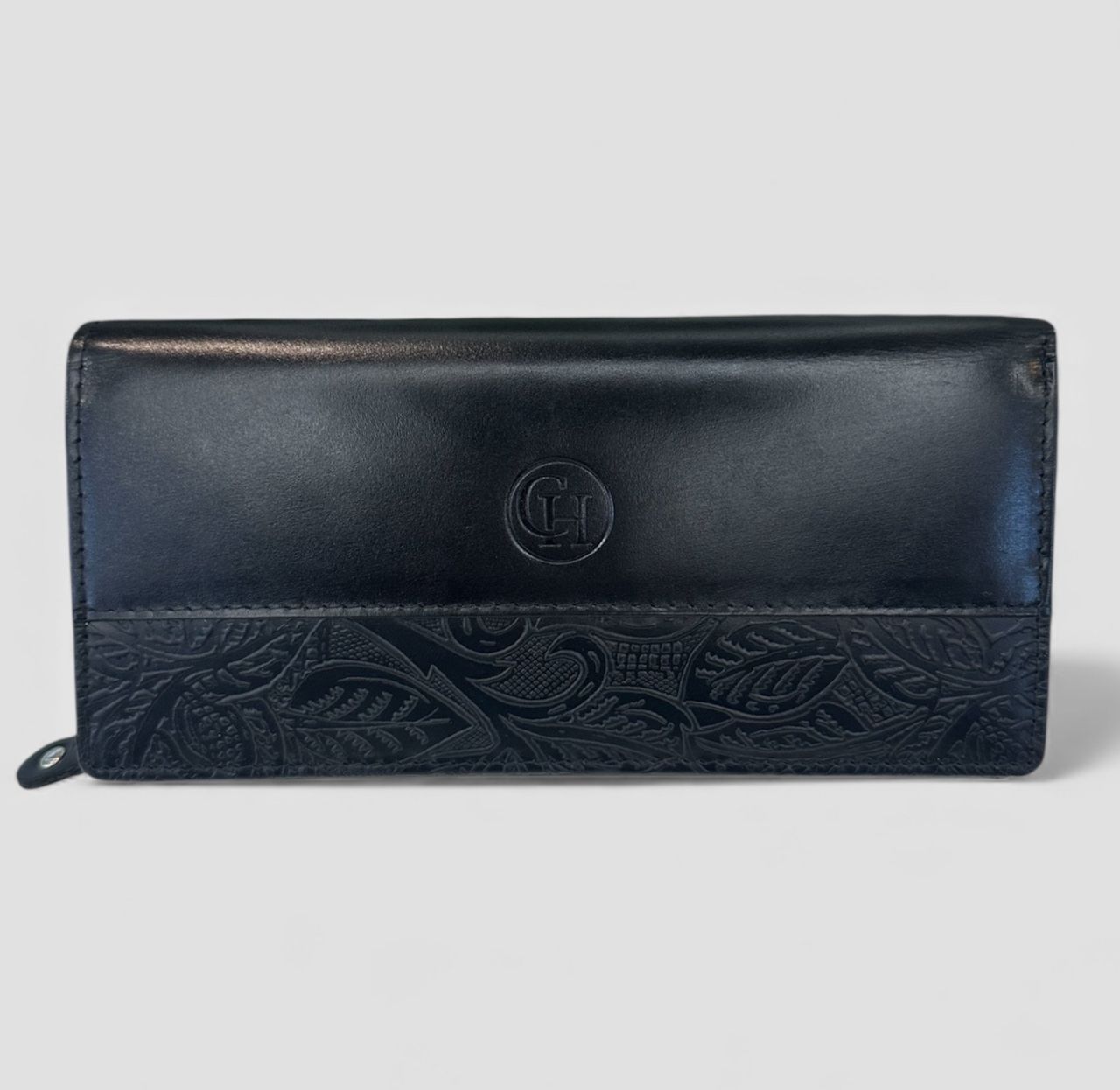 Fekete nyomott virágmintás női bőr pénztárca