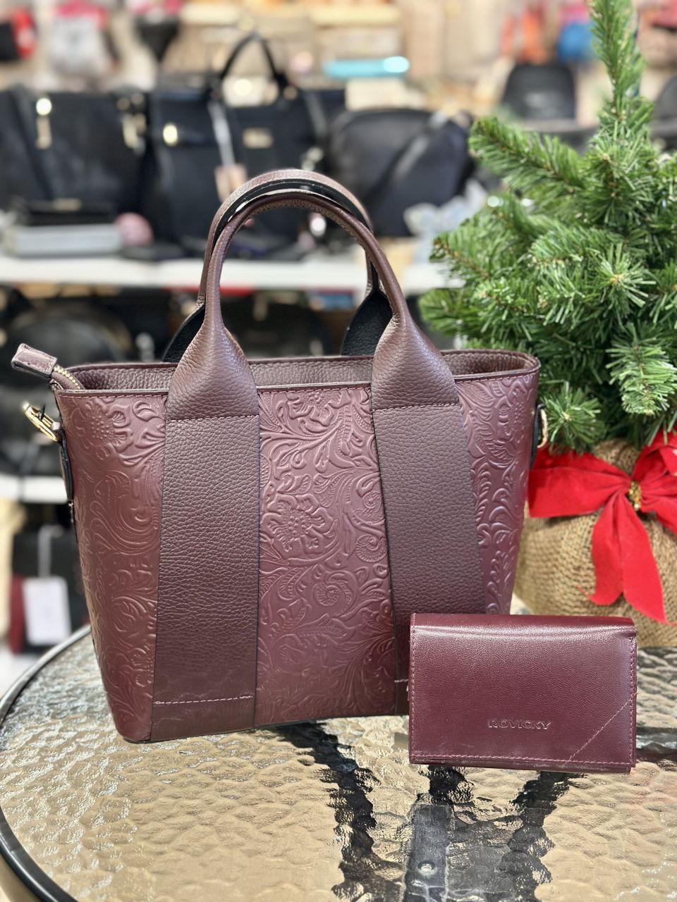 Burgundi női bőr táska és pénztárca szett Burgundi női bőr táska és pénztárca szett