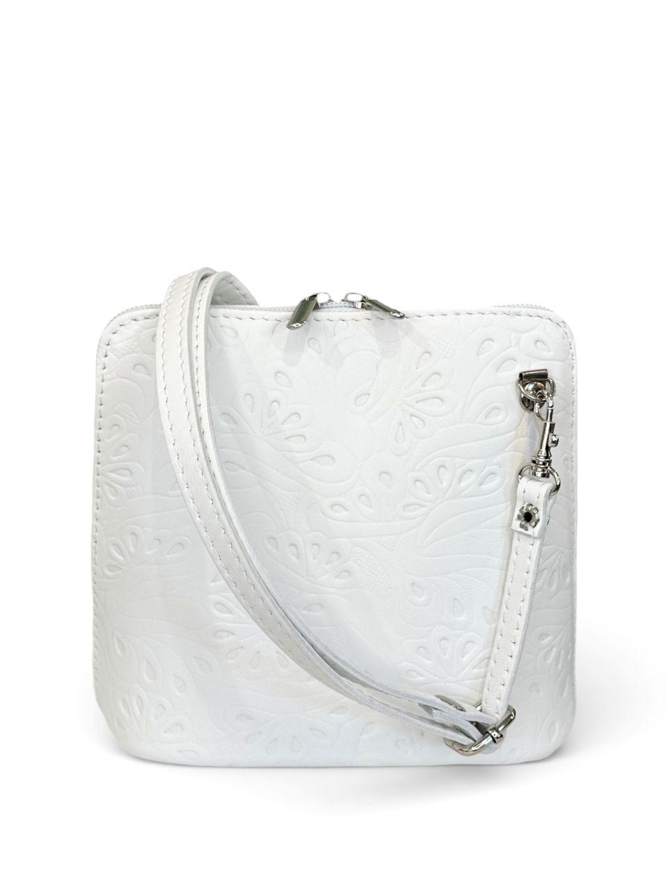 Fehér nyomott virágmintás kicsi bőr oldaltáska