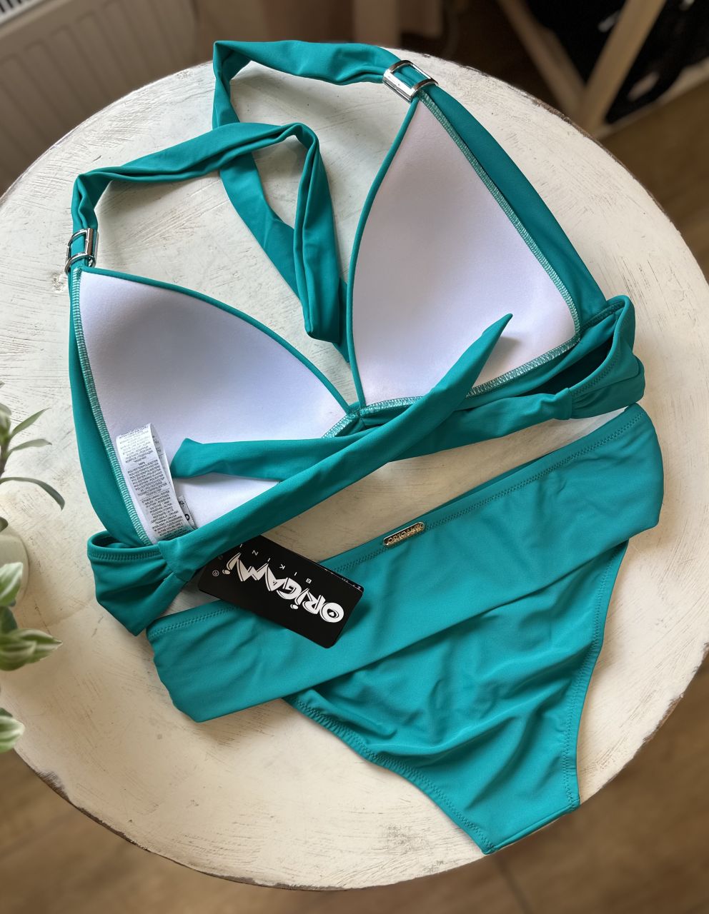 Origami Bikini D kosár, nyakban köthető, türkisz